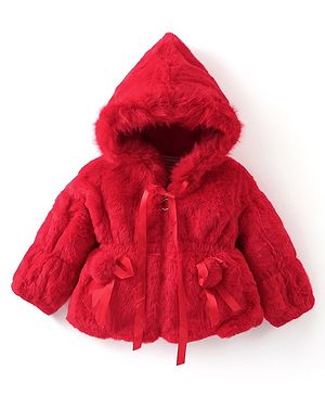 Babyhug Fur Woven Full Sleeves Hooded Winter Jacket With Pom Pom Applique - Red