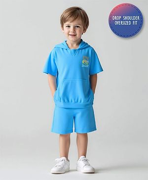 Bonfino 100% Cotton Knit Half Sleeve Hooded Oversized T-Shirt & Shorts Set with Front & Back Beach Theme Print - Blue