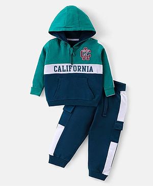 Babyhug Cotton Knit Full Sleeves Hooded Color Block T-Shirt & Lounge Pants Set With Text Print - Teal Blue