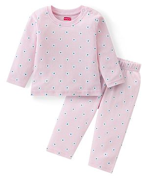 Babyhug Cotton Knit Full Sleeves Night Suit Floral Print - Light Pink