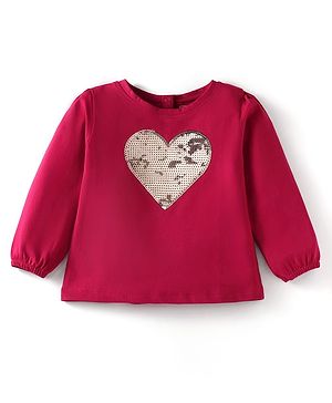 Babyhug Cotton Knit Full Sleeves T-Shirt with Heart Sequinned Embroidery - Red