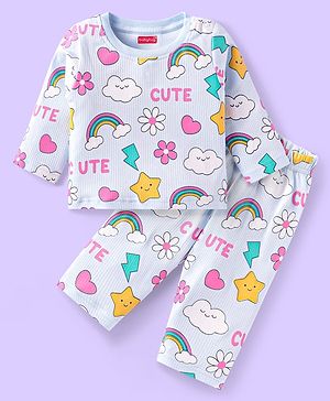 Babyhug Cotton Knit Full Sleeves Night Suit With Rainbows & Floral Print - Sky Blue
