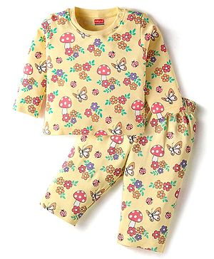 Babyhug Cotton Knit Full Sleeves Floral Printed Night Suit - Cream