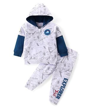 Babyhug Terry Knit Full Doctor Sleeves Hooded T-Shirt and Lounge Pants Set Map Print - Grey