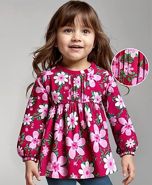 Babyhug Cotton Knit Full Sleeves Foral Printed Top - Dark Pink
