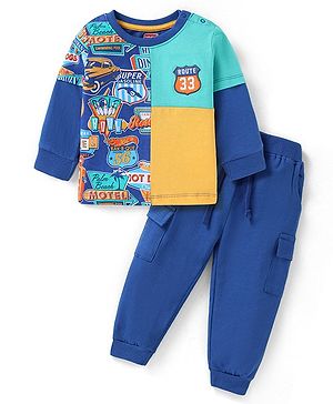 Babyhug Cotton Knit Full Sleeves Color Block T-Shirt & Lounge Pants Set With Road Trip Theme Print - Blue