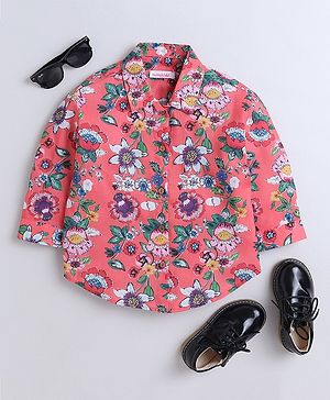 Taffykids Three Fourth Sleeves Floral Printed Oversized Shirt - Multi Colour & Coral