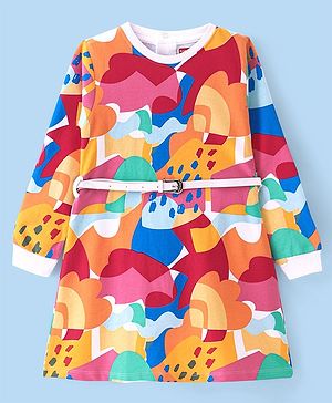 Babyhug Cotton Knit Full Sleeves Printed Frock with Belt - Multicolor