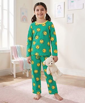Pine Kids Single Jersey Knit Full Sleeves Smiley Printed Night Suit - Green