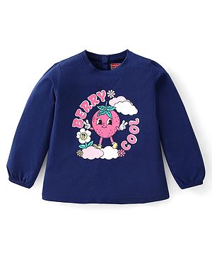 Babyhug Cotton Knit Full Sleeves Top with Strawberry & Text Print - Navy Blue