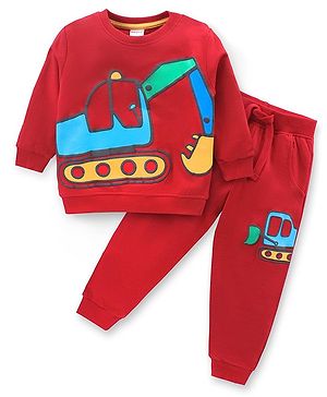 Babyhug Cotton Knit Full Sleeves T-Shirt & Lounge Pants Set With JCB Print - Dark Red