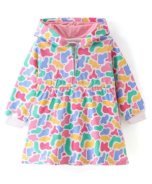 Babyhug Cotton Knit  Full Sleeves Hooded Printed Frock - Multicolor