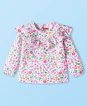 Babyhug Cotton Knit Full Sleeves Top with Frill Detailing & Floral Print - White