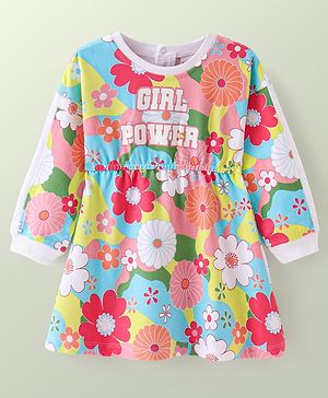 Babyhug Cotton Knit Full Sleeves Frock with Floral Print - Multicolor
