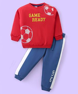 Babyhug Cotton Knit Full Sleeves T-Shirt & Lounge Pants Set With Football & Text Print - Red & Blue