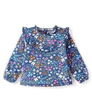 Babyhug Cotton Knit Full Sleeves A Line Floral Printed Top with Frill Detailing - Navy Blue