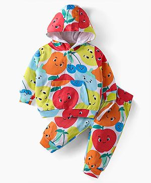 Babyhug Terry Knit Full Sleeves Hooded T-Shirt & Lounge Pants Set Fruits Print - Orange White & Red