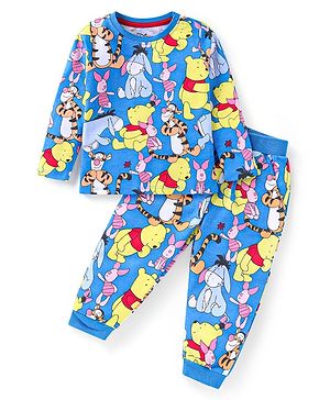 Babyhug Disney Single Jersey Knit Full Sleeves Night Suit with Winnie the Pooh  Print -Blue