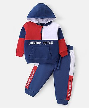 Babyhug Cotton Knit Full Sleeves Hooded Color Block T-Shirt & Lounge Pants Set With Text Print - Navy & Red