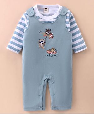 ToffyHouse  Knit Full Sleeves Animal  Embroidered Dungaree with Striped T-Shirt  - Light Blue