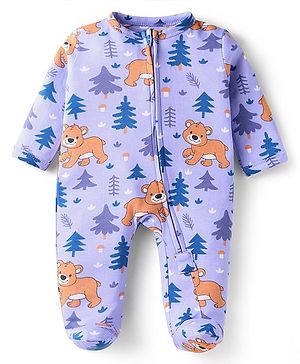 Babyhug Cotton Knit Full Sleeves Sleep Suit With Bear Print - Purple