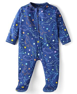 Babyhug Cotton Knit Full Sleeves Footed Sleep Suit With Dino Print - Navy Blue