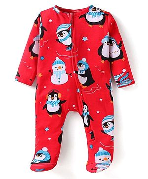 Babyhug Cotton Knit Full Sleeves Penguin Printed Footed Front Open Sleep Suit - Red