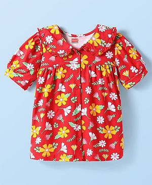Babyhug Cotton Knit Half Sleeves Top with Peter Pan Collar & Floral Print -Red