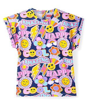 Babyhug Cotton Knit Cap Sleeves T-Shirt With Floral Print - Navy Blue