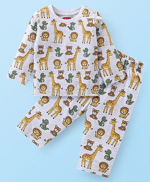 Babyhug Cotton Knit Full Sleeves Night Suit Wild Animals Print- Light  Grey