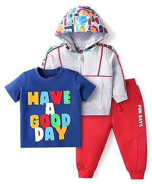 Babyhug Terry Knit Full Sleeves Hooded Sweatjacket T-Shirt & Lounge Pant Set with Text Print - Red Grey & Navy Blue