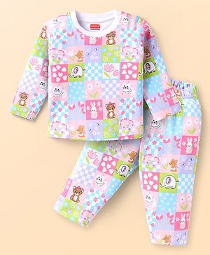 Babyhug Cotton Knit Full Sleeves Co-ords Night Suit with Animal Print - Pink
