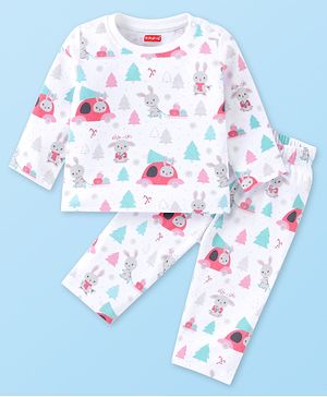 Babyhug Cotton Knit Full Sleeves Night Suit with Bunny Print - White