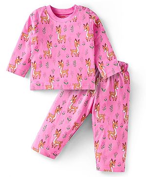 Babyhug Cotton Knit Full Sleeves Night Suit Set with Animal Print - Pink