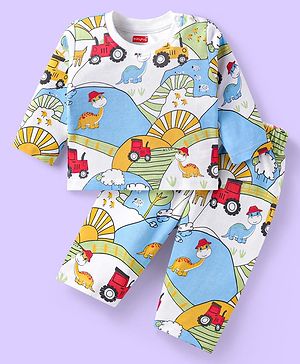 Babyhug Cotton Knit Full Sleeves Night Suit With Dino & Vehicle Print - White