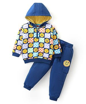 Babyhug Terry Knit Full Sleeves Hooded T-Shirt & Pant Set with Smiley Print - Blue & Yellow