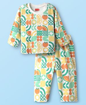 Babyhug Cotton Knit Full Sleeves Night Suit With Space Theme Print - White