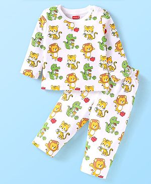 Babyhug Cotton Knit Full Sleeves Animal Printed Night Suit - White