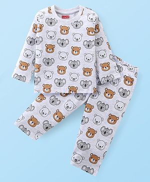Babyhug Cotton Knit Full Sleeves Night Suit Bear Print - Light Grey