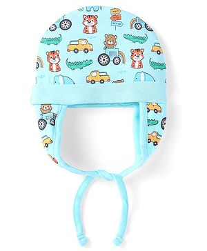 Babyhug 100% Cotton Knit Cap with String & Vehicle Print Light Blue - Diameter 11 cm