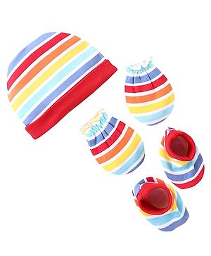 Babyhug 100% Cotton Knit Striped  Cap Mittens And Booties   - Multicolor