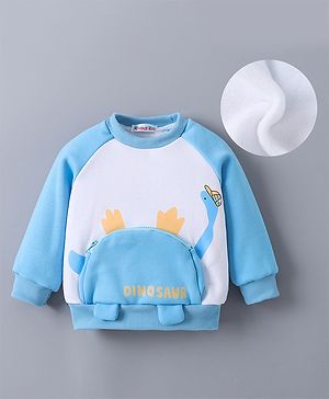 Kookie Kids Full Raglan Sleeves Winter T-Shirt With Dino Print & Pocket - Light Blue