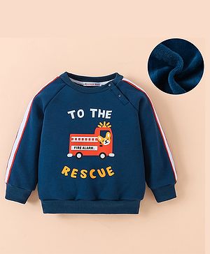 Kookie Kids Full Raglan Sleeves Winter T-Shirt With Text Print - Navy Blue