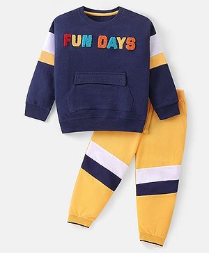 Babyhug Cotton Knit Full Sleeves T-Shirt & Lounge Pants Set With Text Embroidery - Navy & Yellow