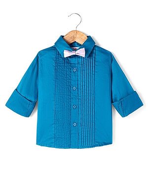 Babyhug Cotton Woven Full Sleeves Solid Shirt with Pintucks Detailing & Bow - Blue