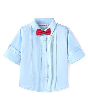 Babyhug Cotton Woven Full Sleeves Solid Shirt with Pintucks Detailing & Bow - Light Blue