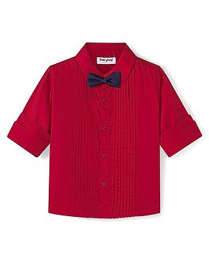 Babyhug Woven Full Sleeves Solid Colour Party Shirt With Bow & Pintuck Detailing - Red