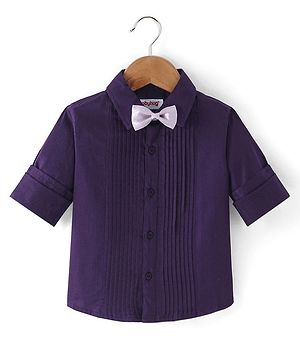 Babyhug Cotton Woven Full Sleeves Party Shirt Solid Colour with Pintuck Design & Bow - Purple