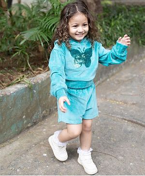 Nap Chief  Velvet Full Sleeves Butterfly Sequin Embellished Hoodie With Shorts Set - Turquoise Green