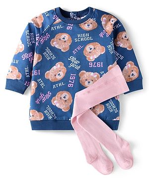 Babyhug Single Jersey Knit Full Sleeves Bear Printed Sweatshirt Frock with Leggings - Navy Blue